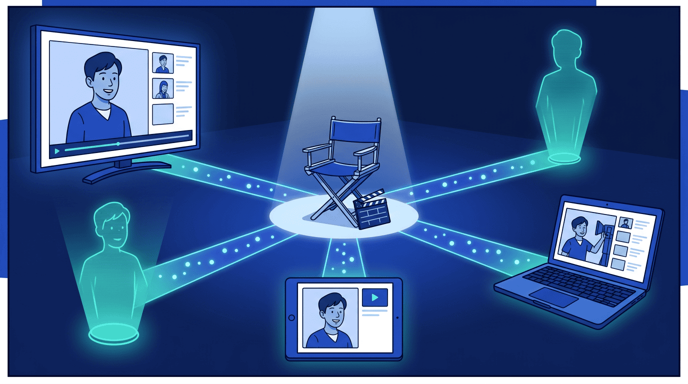 A director's chair at center with five glowing paths radiating to different screens — one episode becoming five products