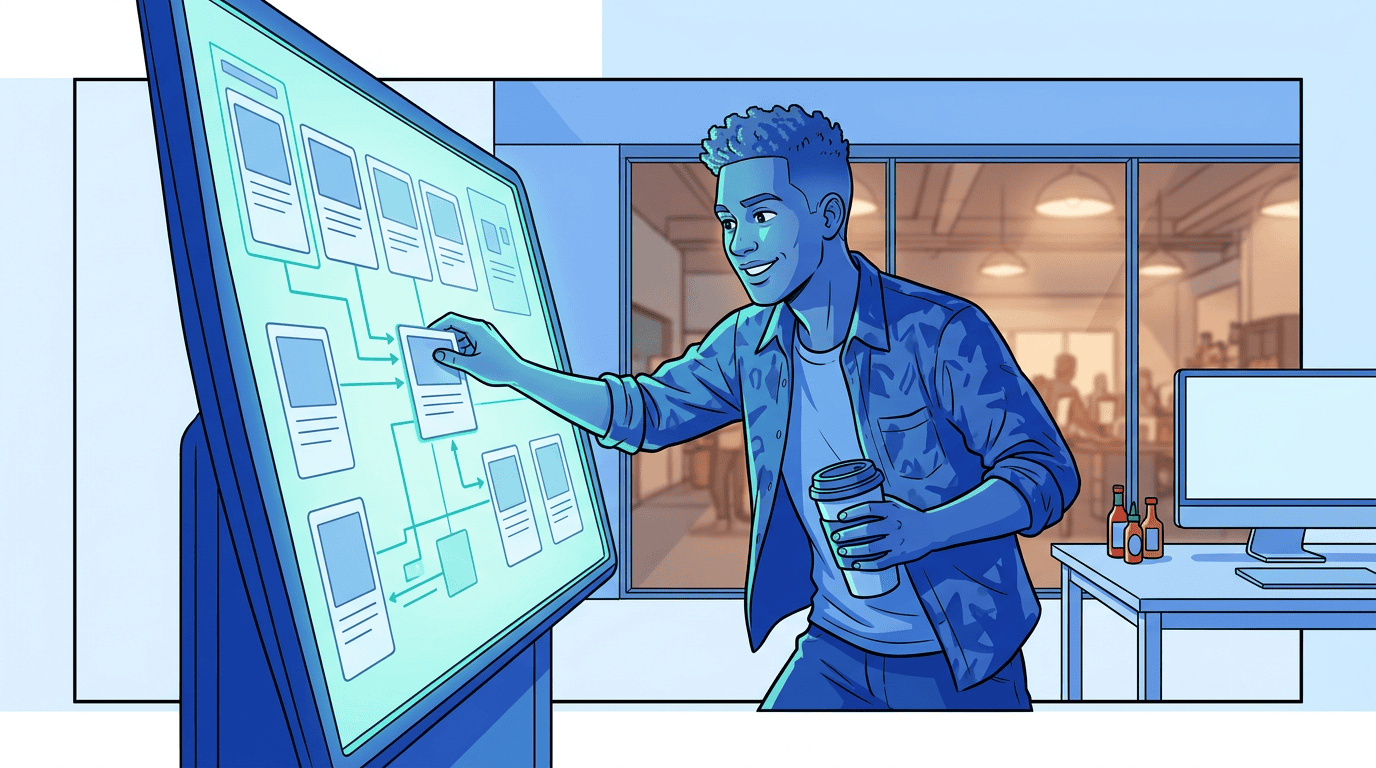 Ren Castillo standing at a large touchscreen, confidently arranging shows and products into a connected storefront